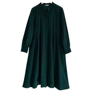 Toast UK Midi Button-Front Long Sleeve Dress in Dark Green